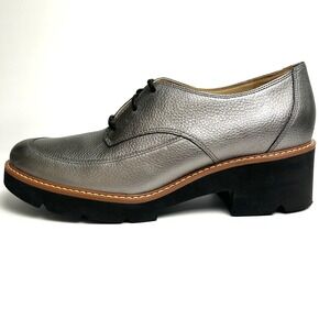 Naturalizer‎ Oxford Block Heel Silver Metallic Leather Lace Up Shoes Womens 9